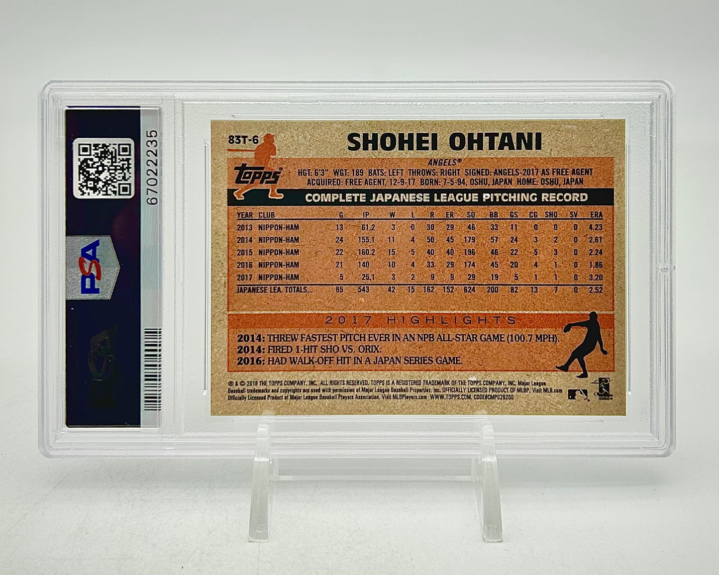 2018 Topps Chrome 1983 Topps Shohei Ohtani #83T-6 PSA 10