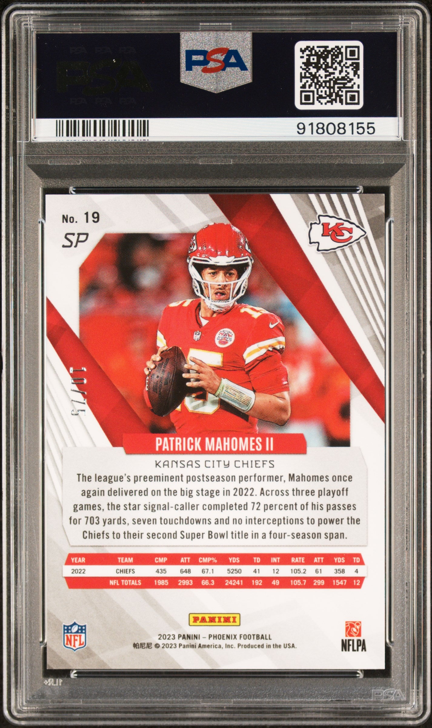 2023 Panini Phoenix SP Variation Orange /75 Patrick Mahomes II PSA 10