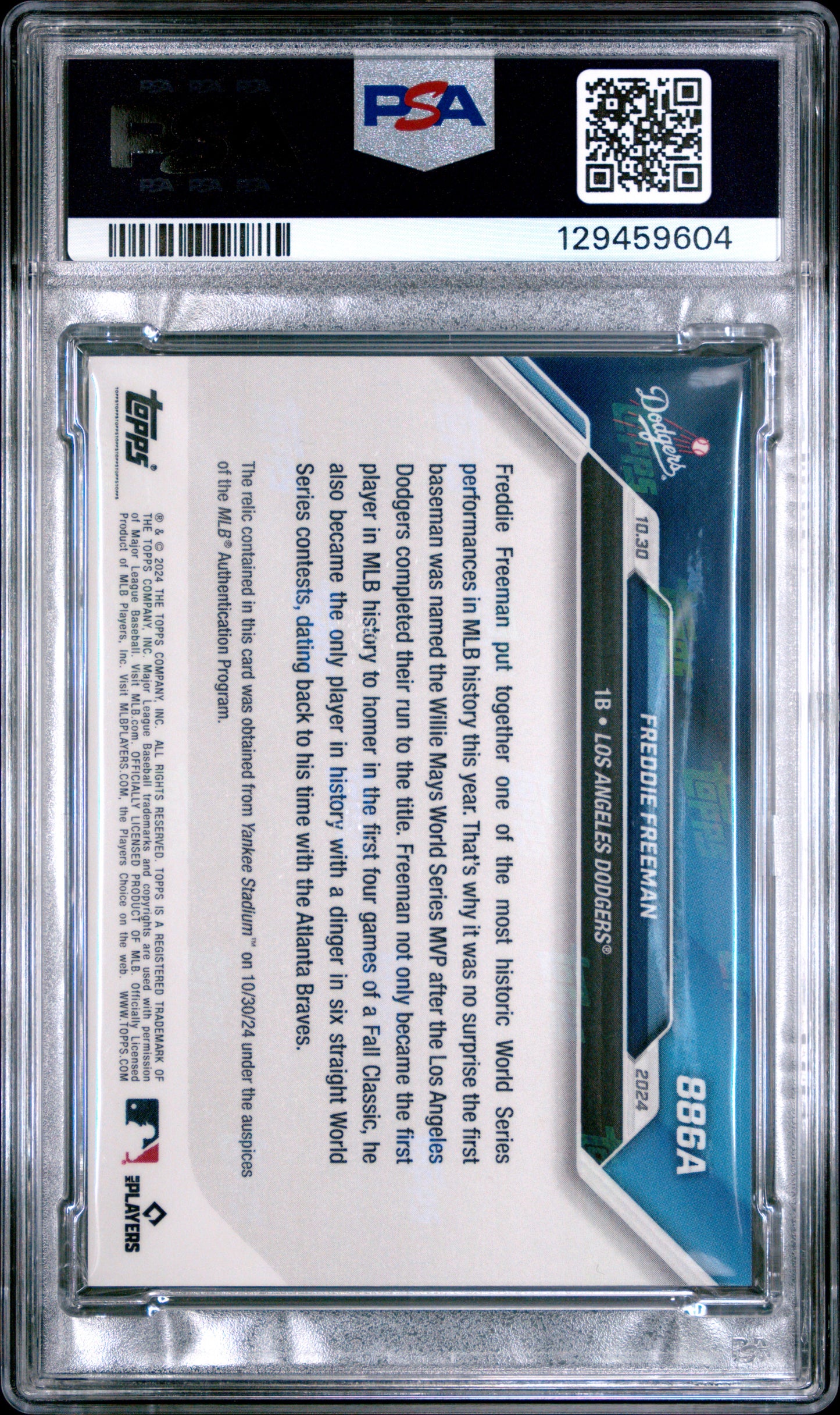 2024 Topps Now Game-Used Base Relic /125 #886A Freddie Freeman PSA 9