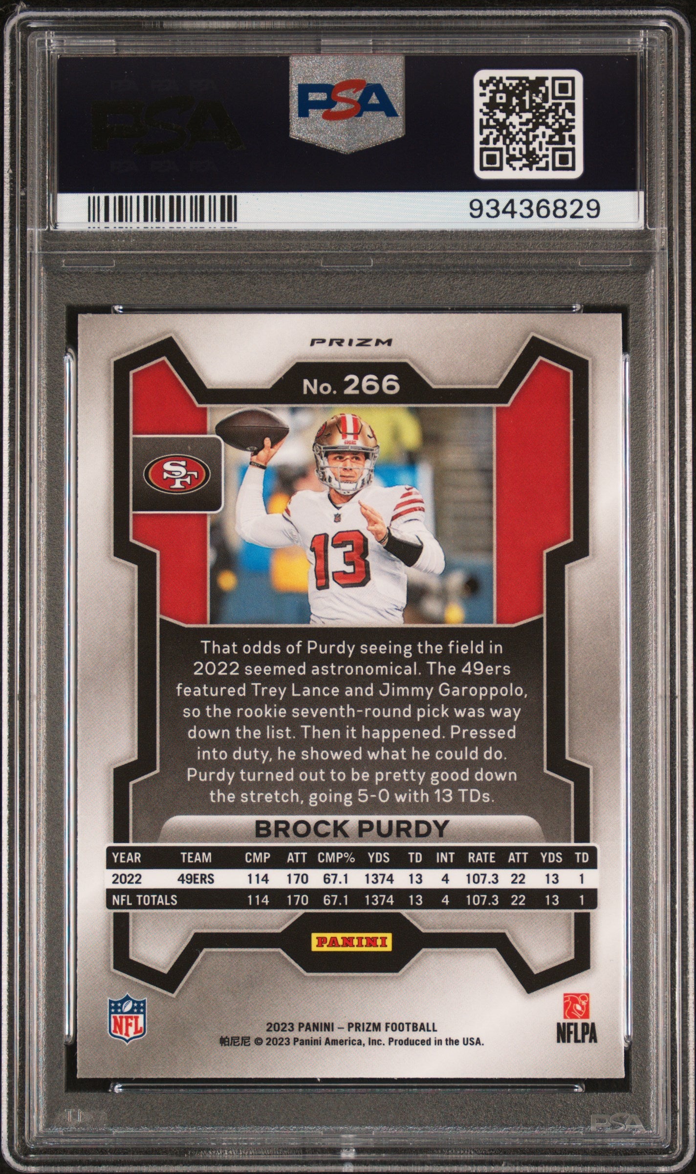 2023 Panini Prizm Red Sparkle Brock Purdy #266 PSA 10