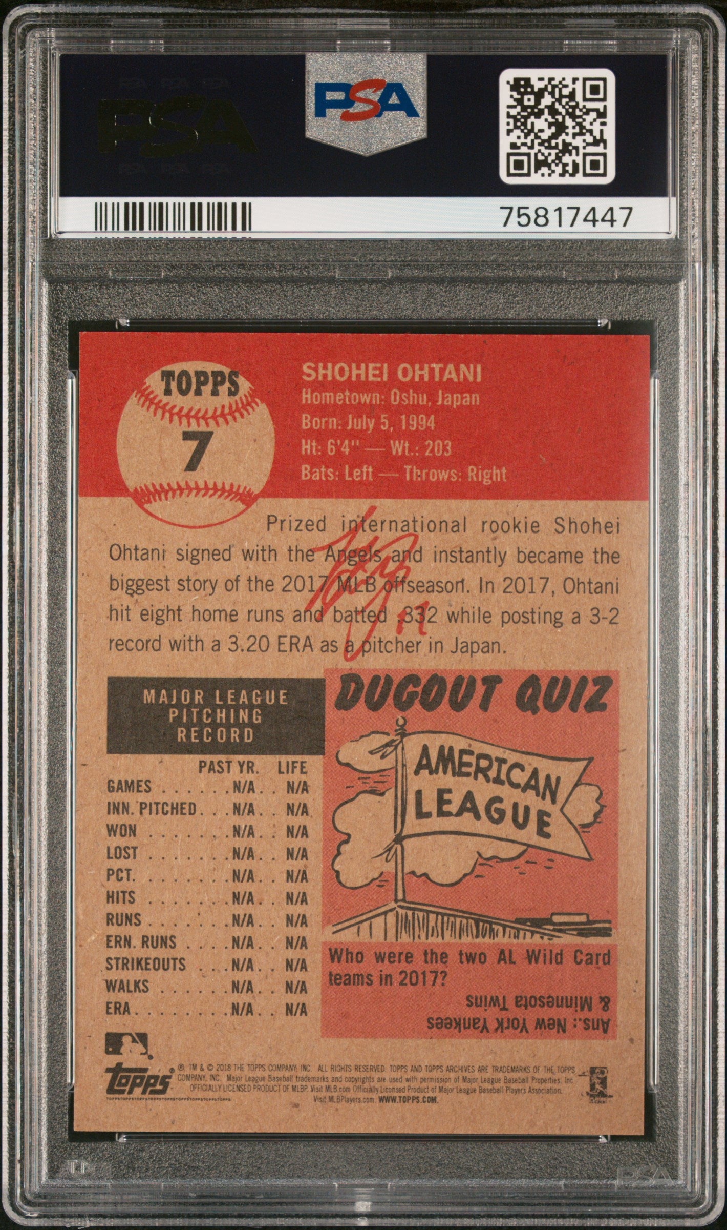 2018 Topps Living Shohei Ohtani #7 PSA 10