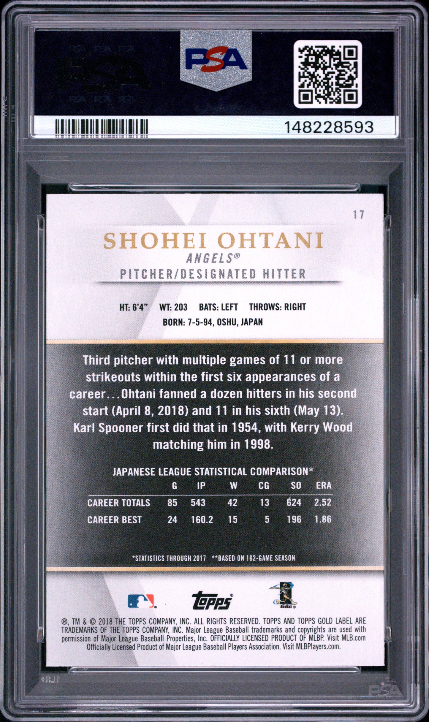 2018 Topps Gold Label Class 1 #17 Shohei Ohtani PSA 8