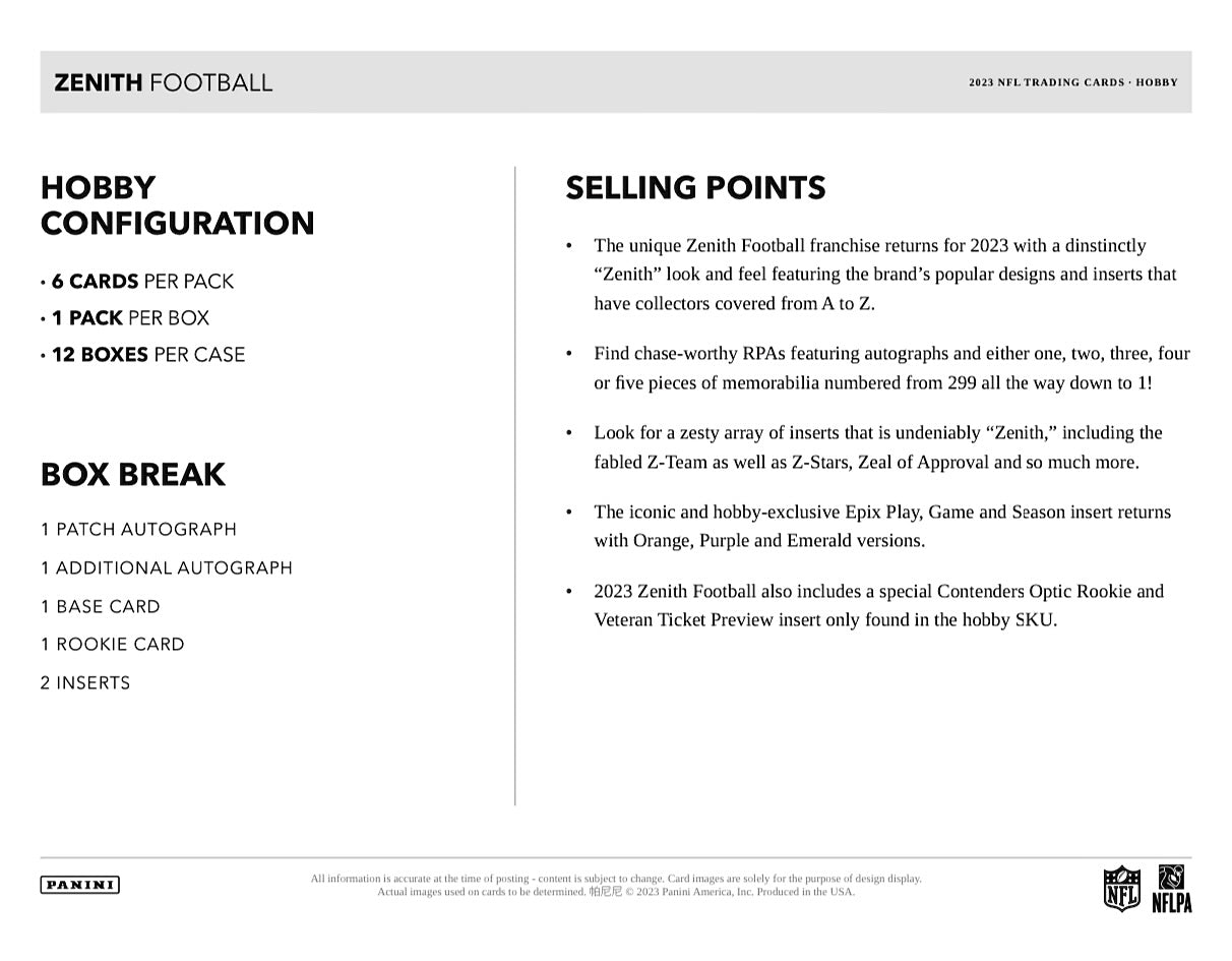 2023 Panini Zenith Football Hobby Sealed Case (12 boxes)