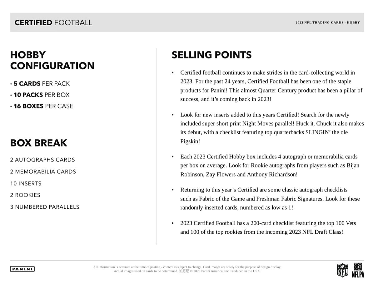 2023 Panini Certified Football Hobby Sealed Case (16 boxes)