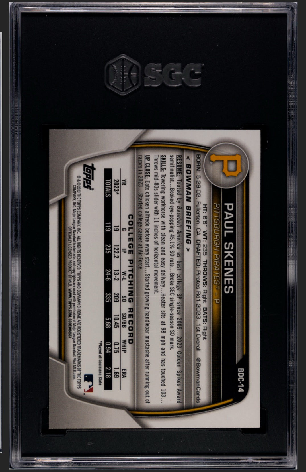 2023 Bowman Draft Chrome Paul Skenes #BDC14 SGC 9.5