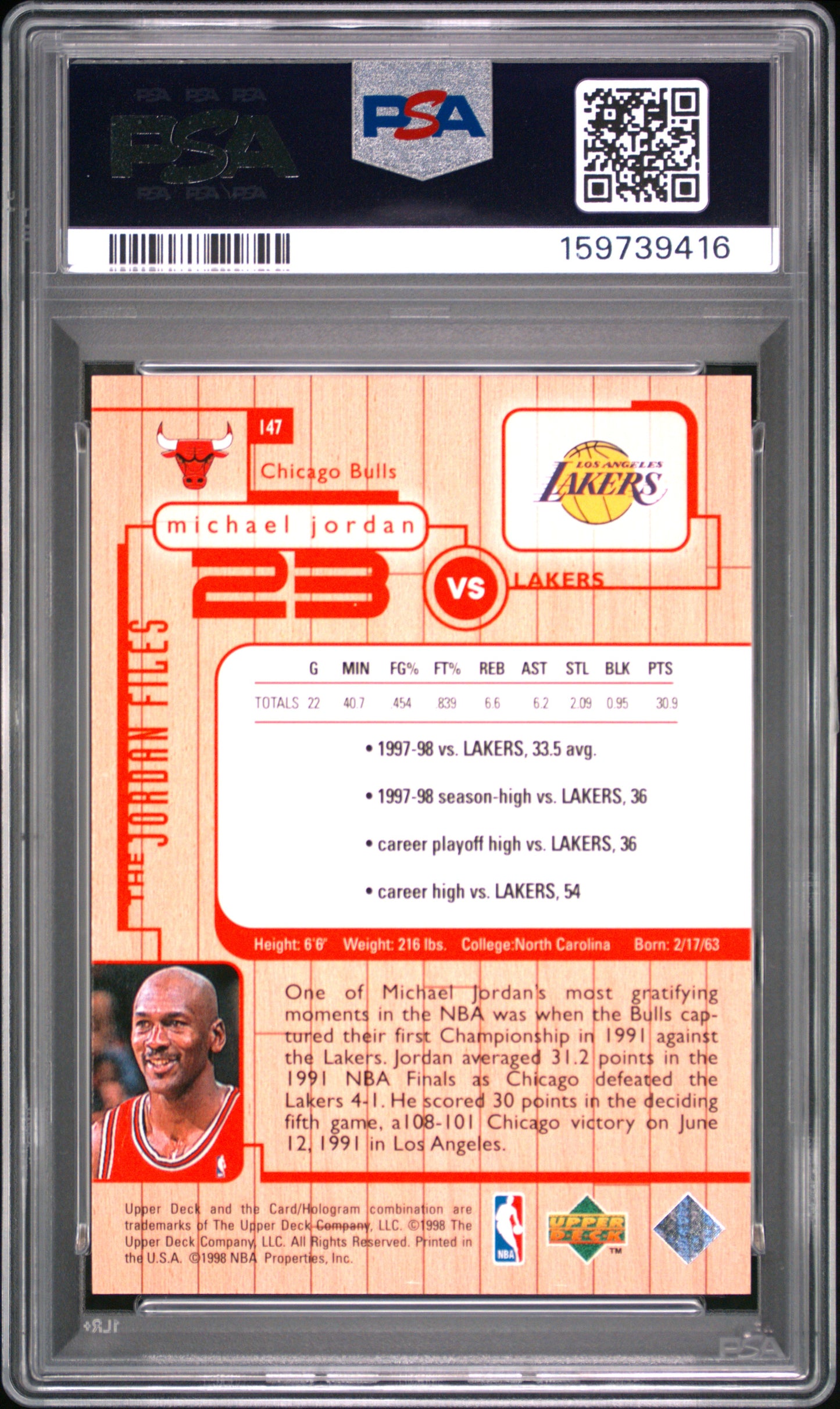 1998 Upper Deck MJ Living Legend The Jordan Files #147 Michael Jordan PSA 8
