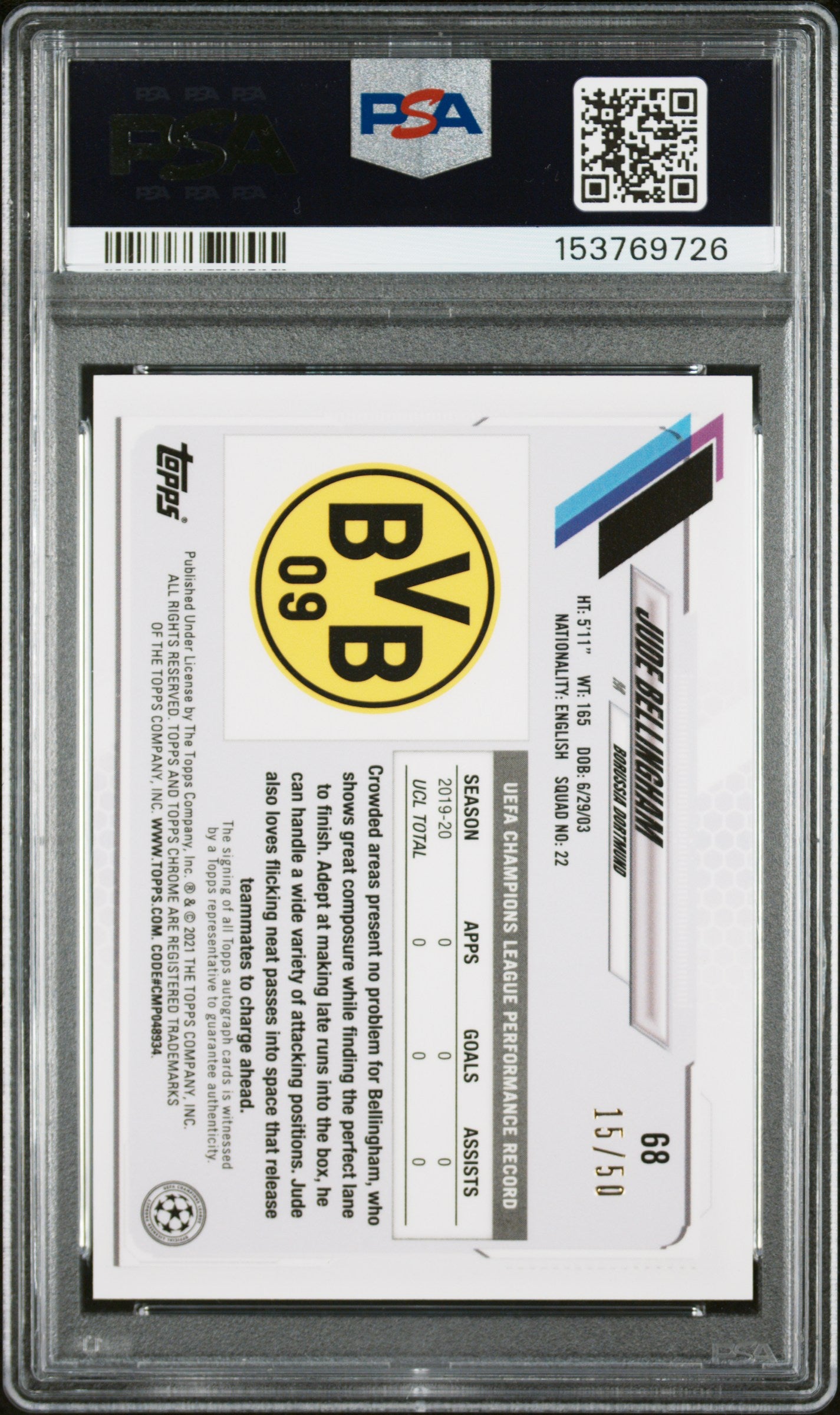 2021 Topps Chrome UEFA x Steve Aoki Neon Future Autograph Gold /50 #68 Jude Bellingham PSA 10