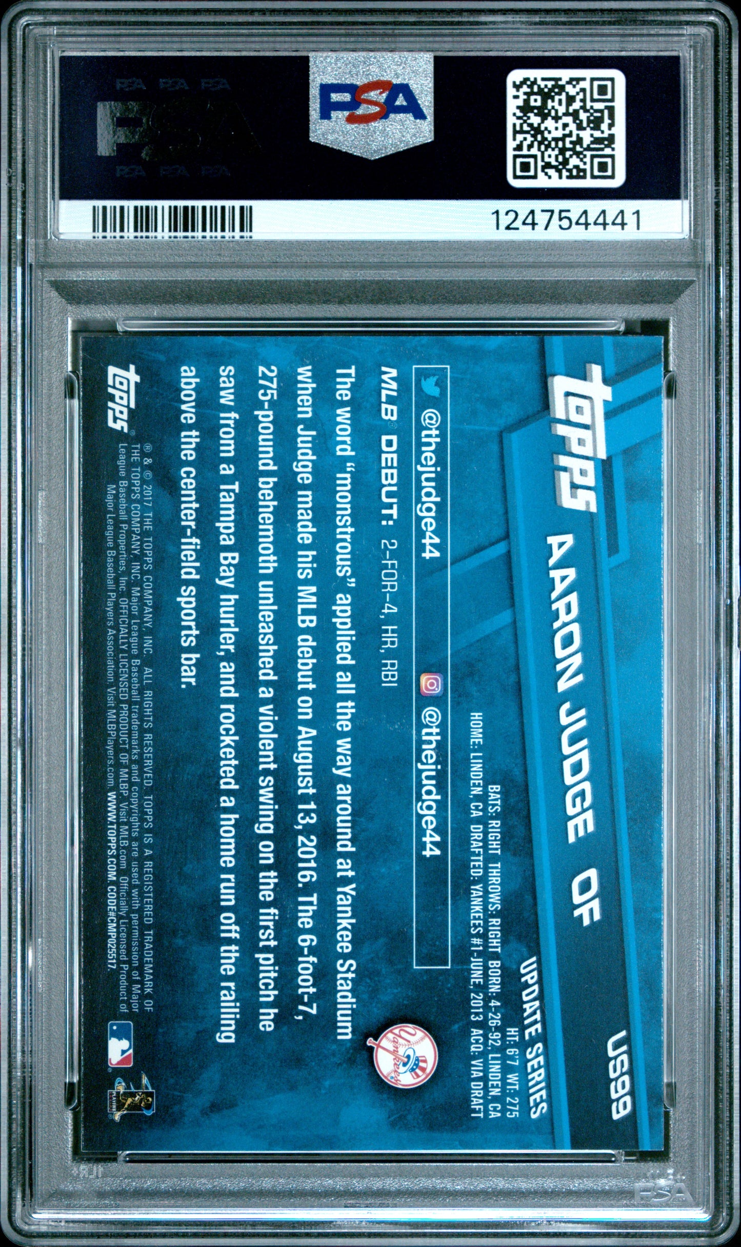 2017 Topps Update Rookie Debut Aaron Judge #US99 PSA 10