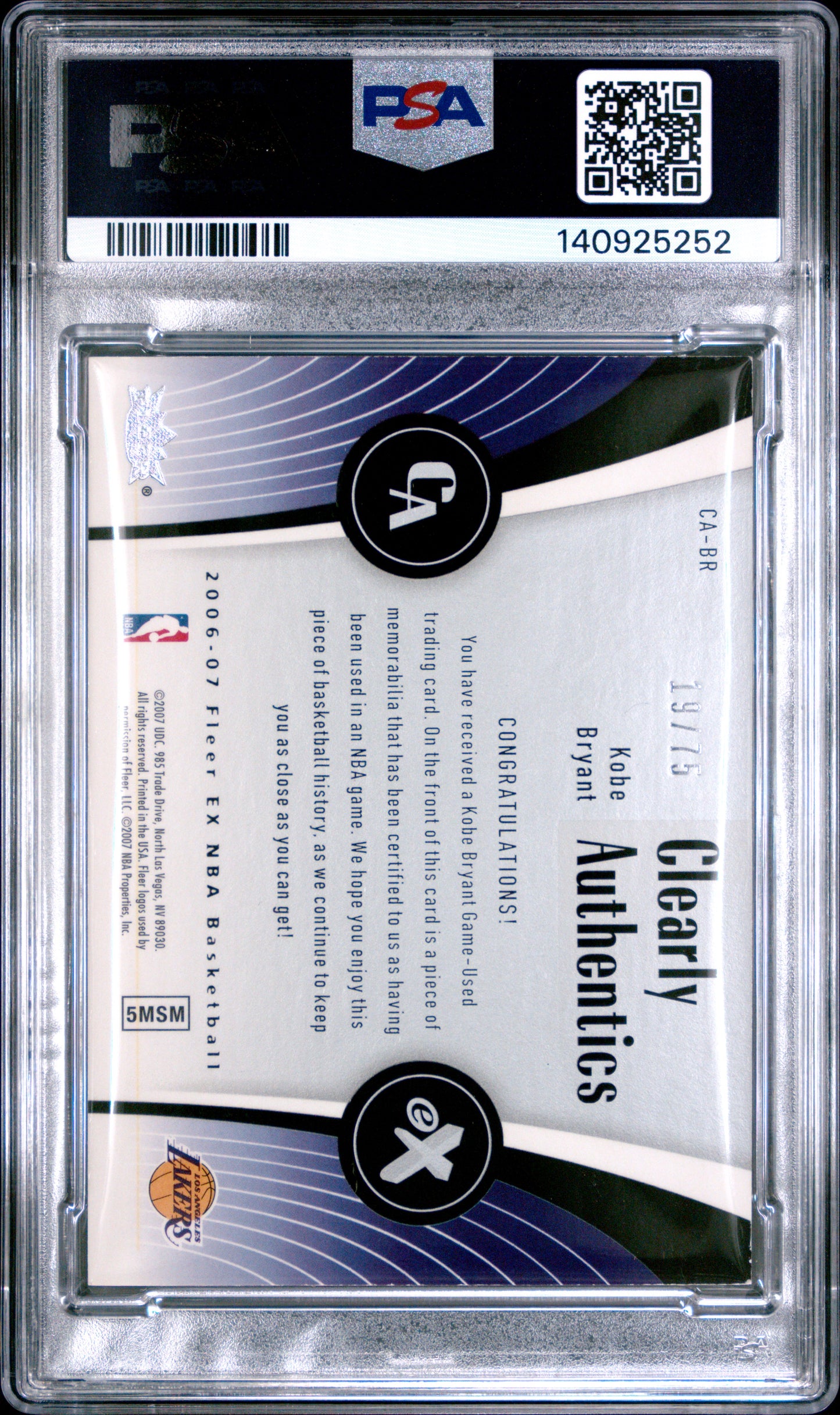 2006-07 Fleer EX Clearly Authentics /75 #CA-BR Kobe Bryant PSA Authentic