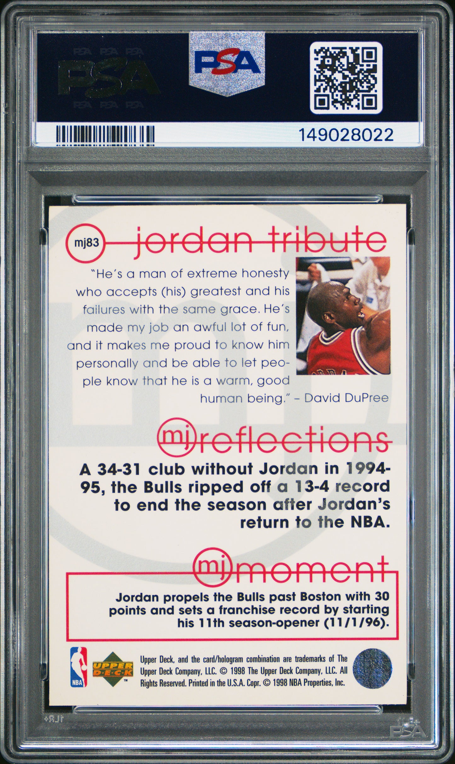 1998 Upper Deck Jordan Tribute MJ Reflections #MJ83 Michael Jordan PSA 8