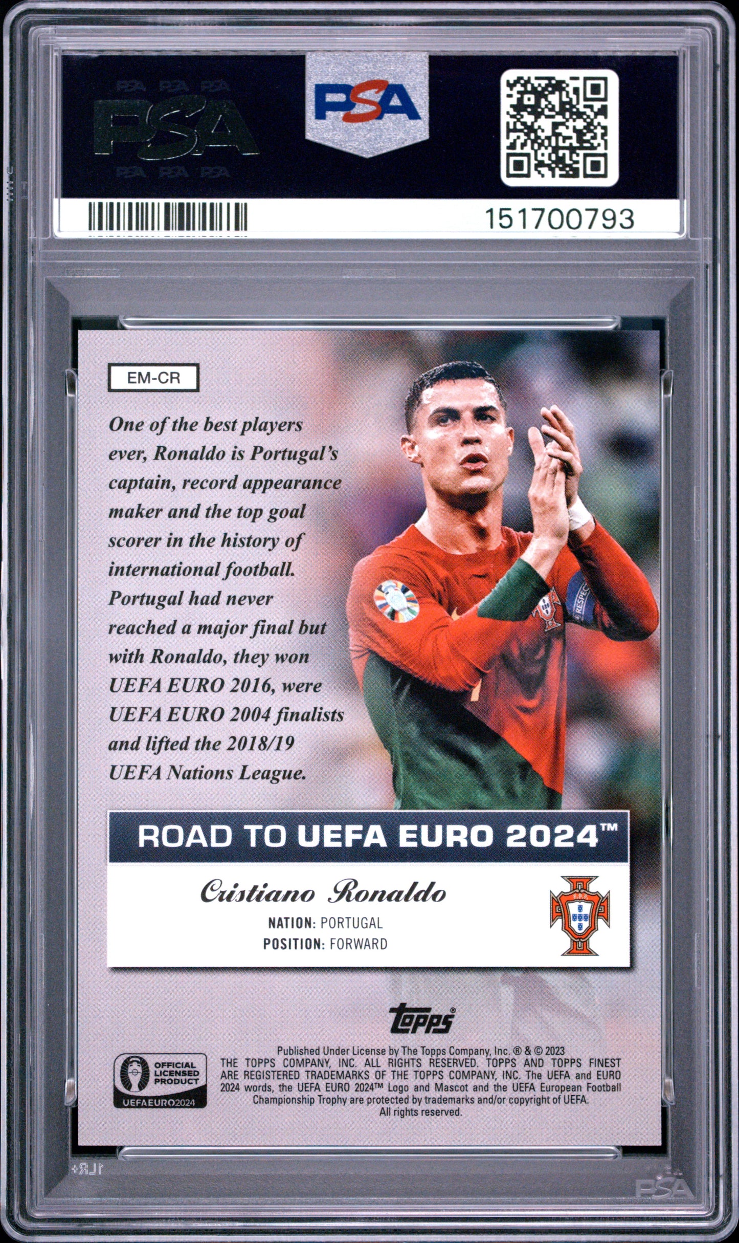 2023 Topps Finest Road to UEFA Euro '24 Euro Masters Gold Refractor /50 #EM-CR Cristiano Ronaldo PSA 9