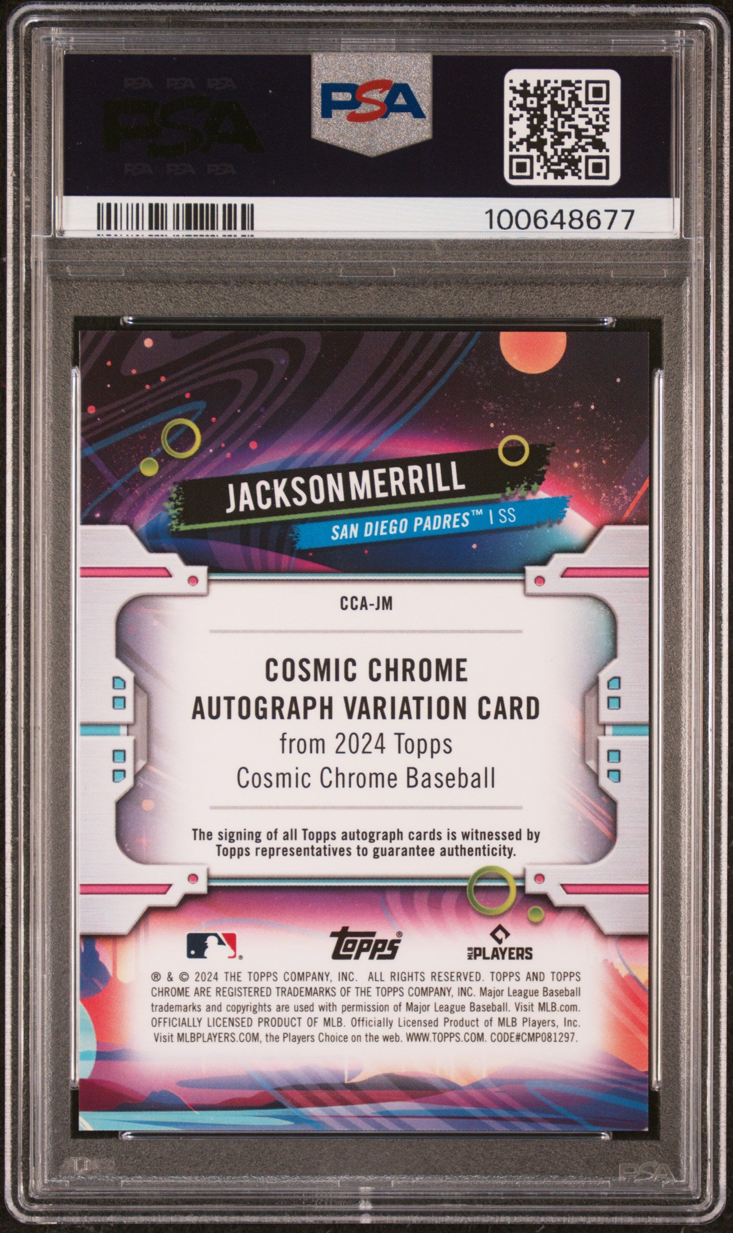 Back side of 2024 Topps Chrome Cosmic Autograph Green Space Dust Refractor /75 #CCA-JM Jackson Merrill PSA 9