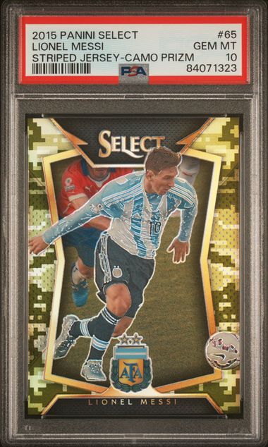 2015 Panini Select Striped Jersey Camo Prizm Lionel Messi #65 PSA 10