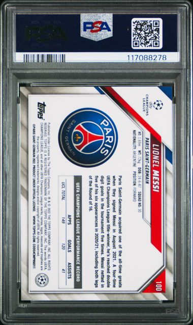 2021-22 Topps Chrome Sapphire Edition UEFA #100 Lionel Messi PSA 10