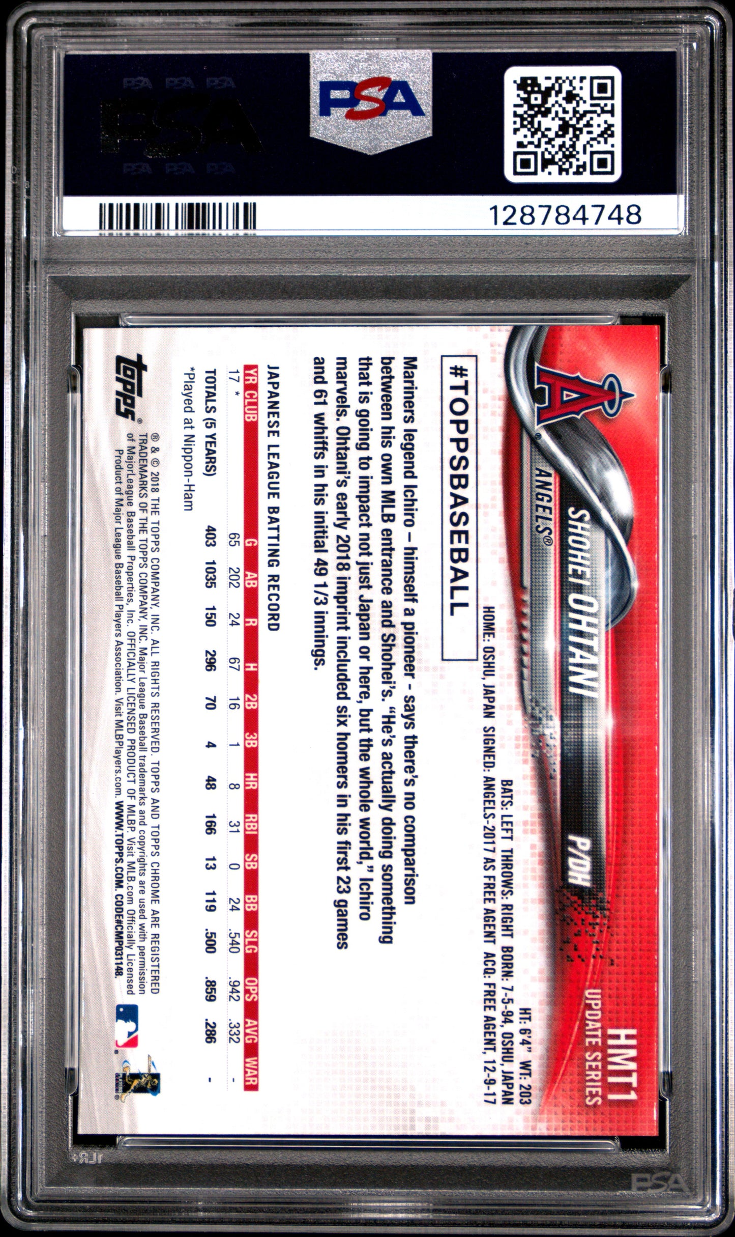 2018 Topps Chrome Update #HMT1 Shohei Ohtani PSA 10
