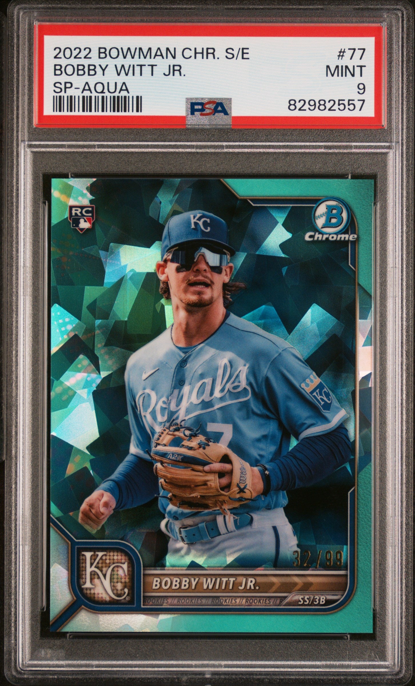 2022 Bowman Chrome Sapphire Edition SP Aqua /99 Bobby Witt Jr. #77 PSA 9