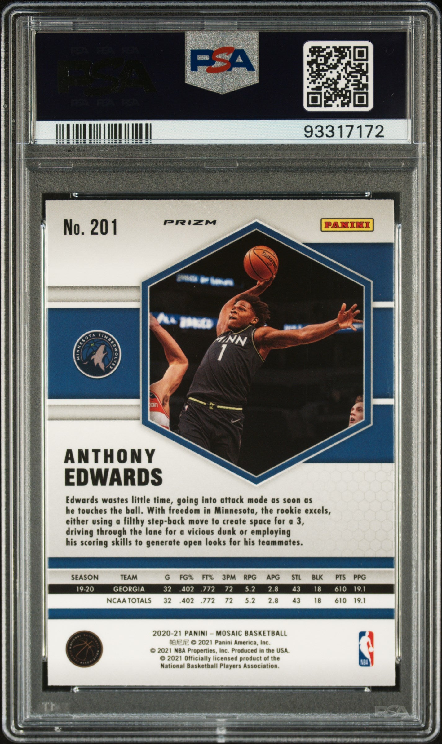 2020 Panini Mosaic Reactive Blue Anthony Edwards #201 PSA 10