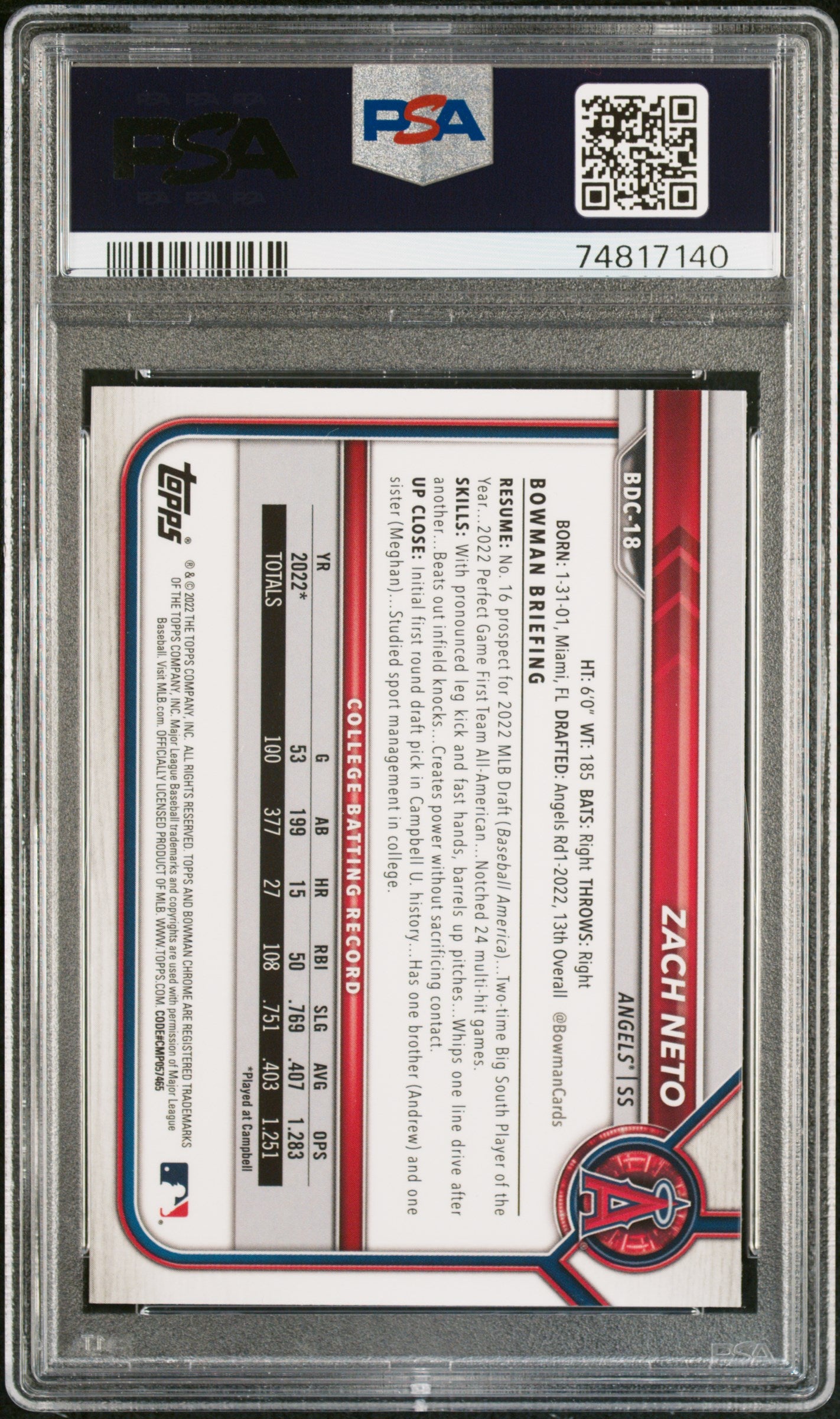 2022 Bowman Draft Sapphire Edition #18 Zach Neto PSA 10