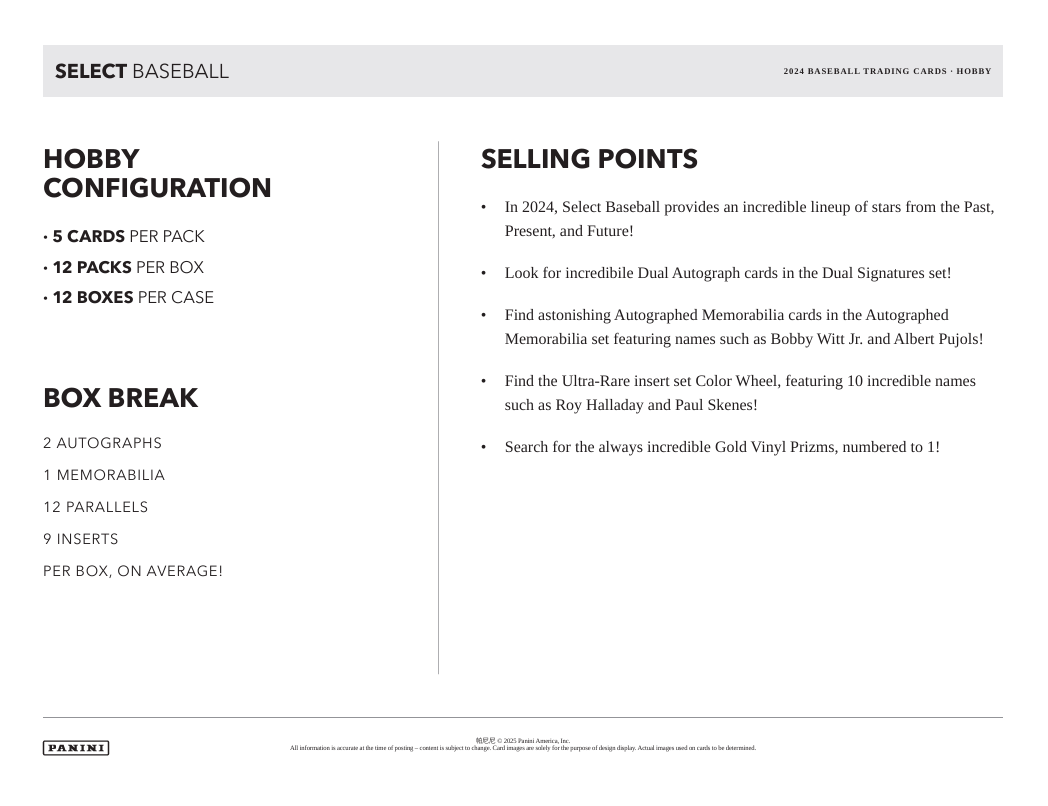 2024 Panini Select Baseball Hobby Box info sheet