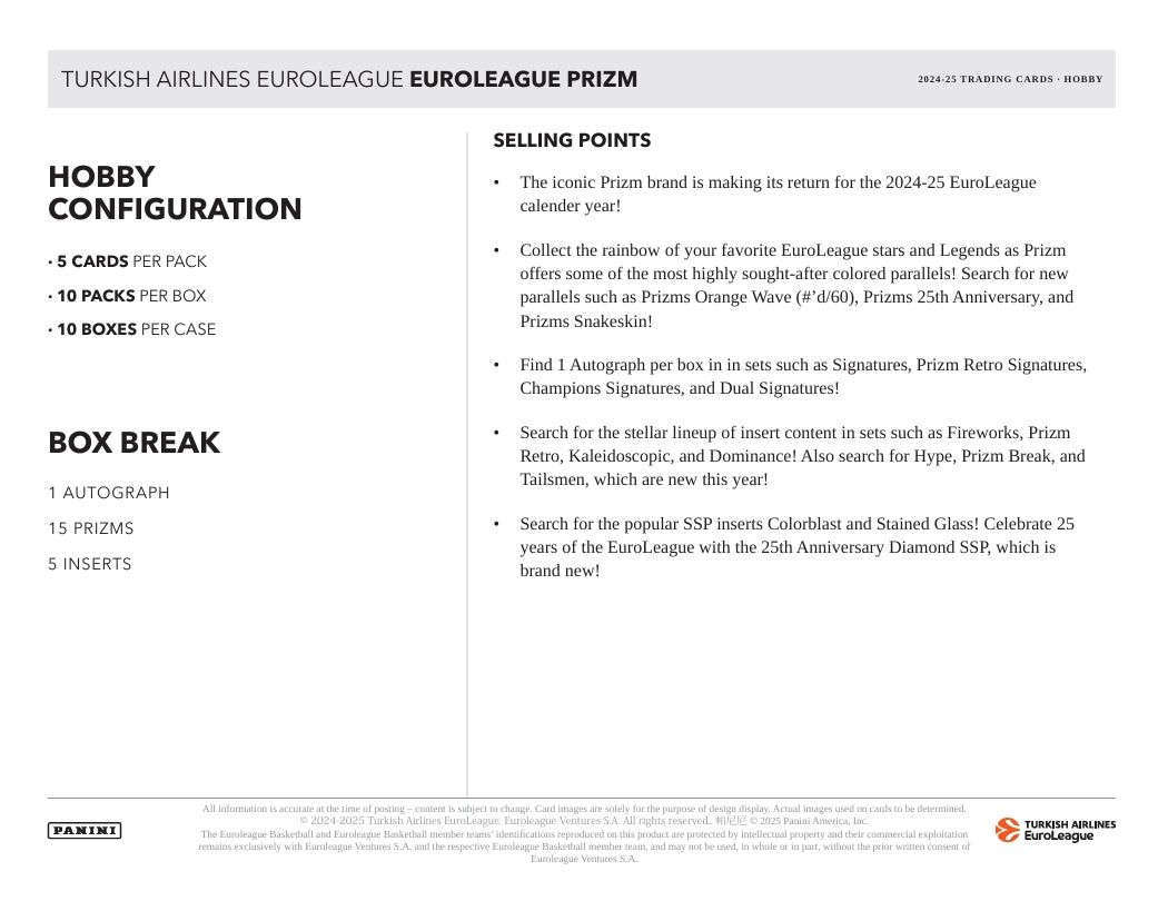 2024-25 Panini Prizm Turkish Airlines Euroleague Basketball Hobby Box