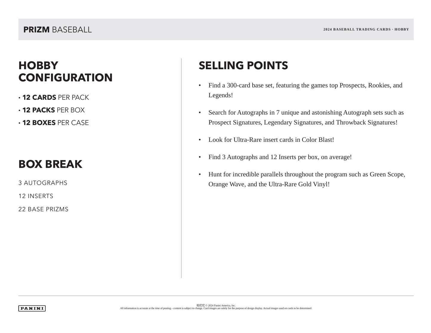 2024 Panini Prizm Baseball Hobby Box Info sheet
