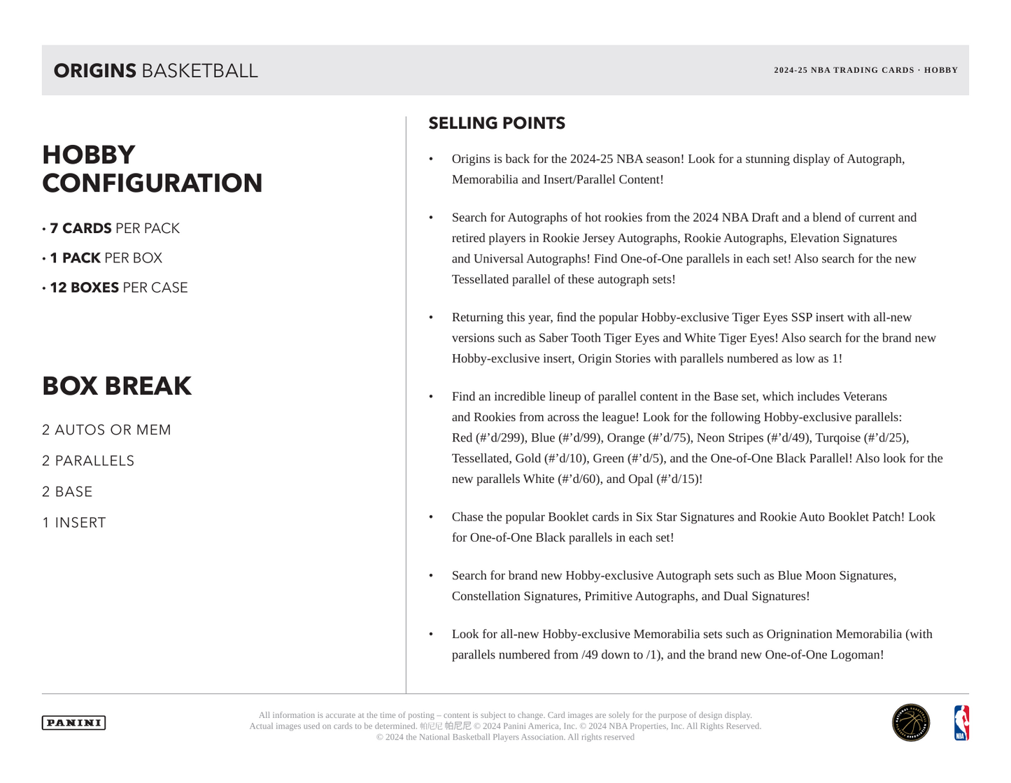 2024-25 Panini Origins Basketball Hobby Box