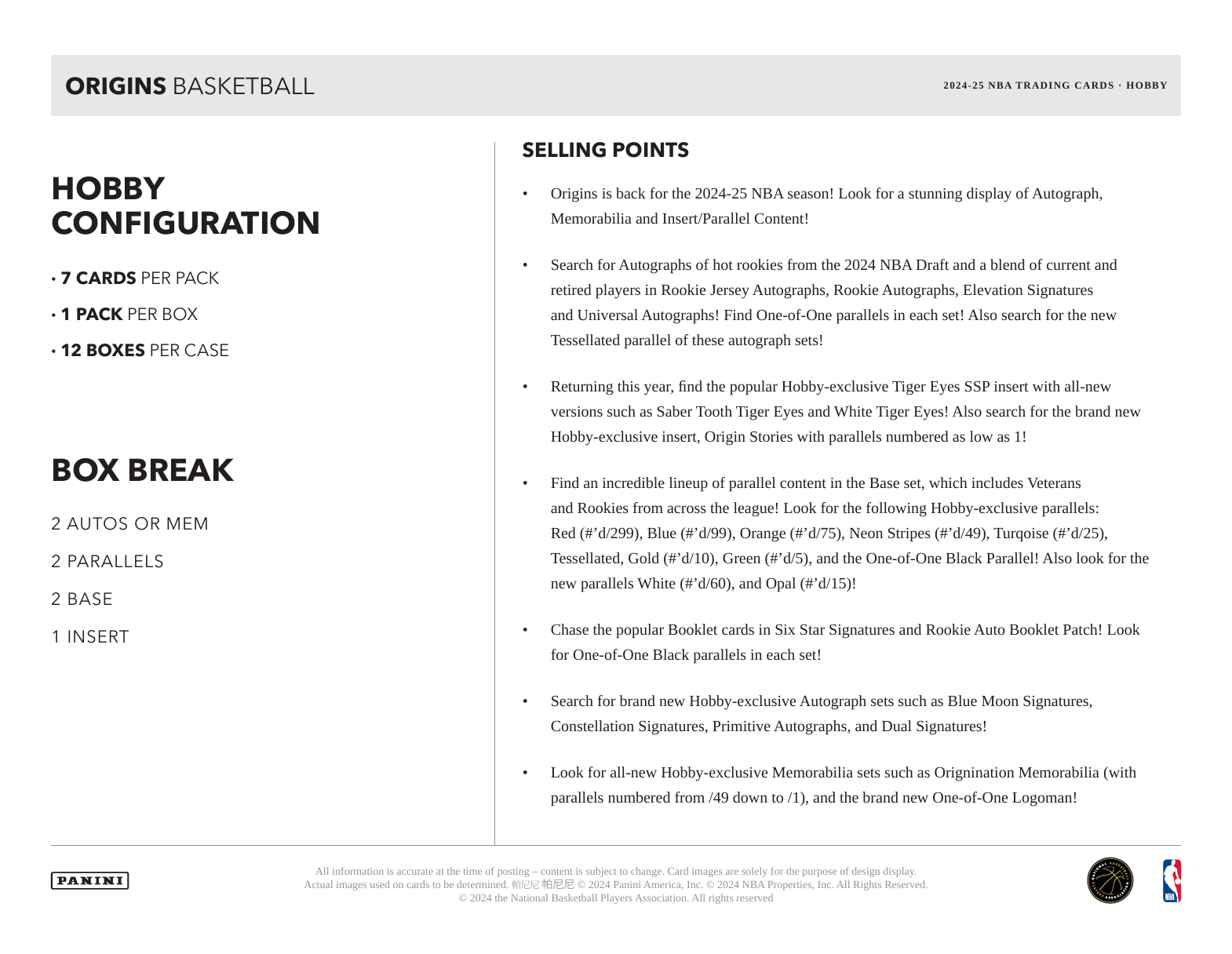 2024-25 Panini Origins Basketball Hobby Box