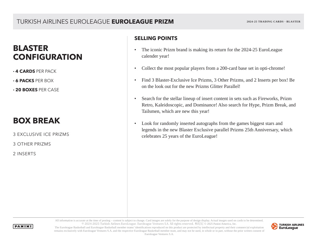 2024-25 Panini Prizm Turkish Airlines Euroleague Basketball Blaster Box