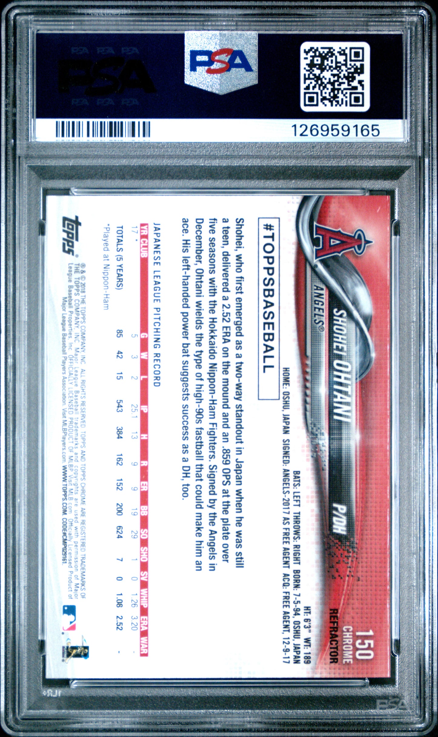 2018 Topps Chrome Pitching Sepia Refractor Shohei Ohtani #150 PSA 10