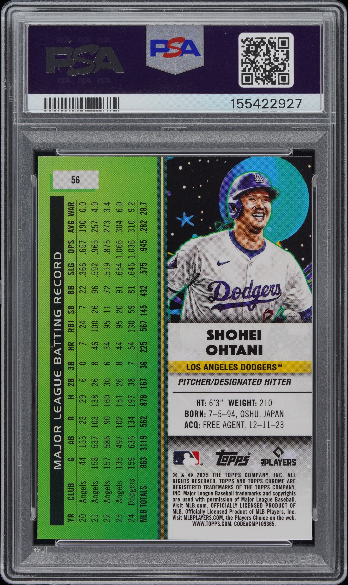 2025 Topps Cosmic Chrome Aqua Equinox /199 #56 Shohei Ohtani PSA 8