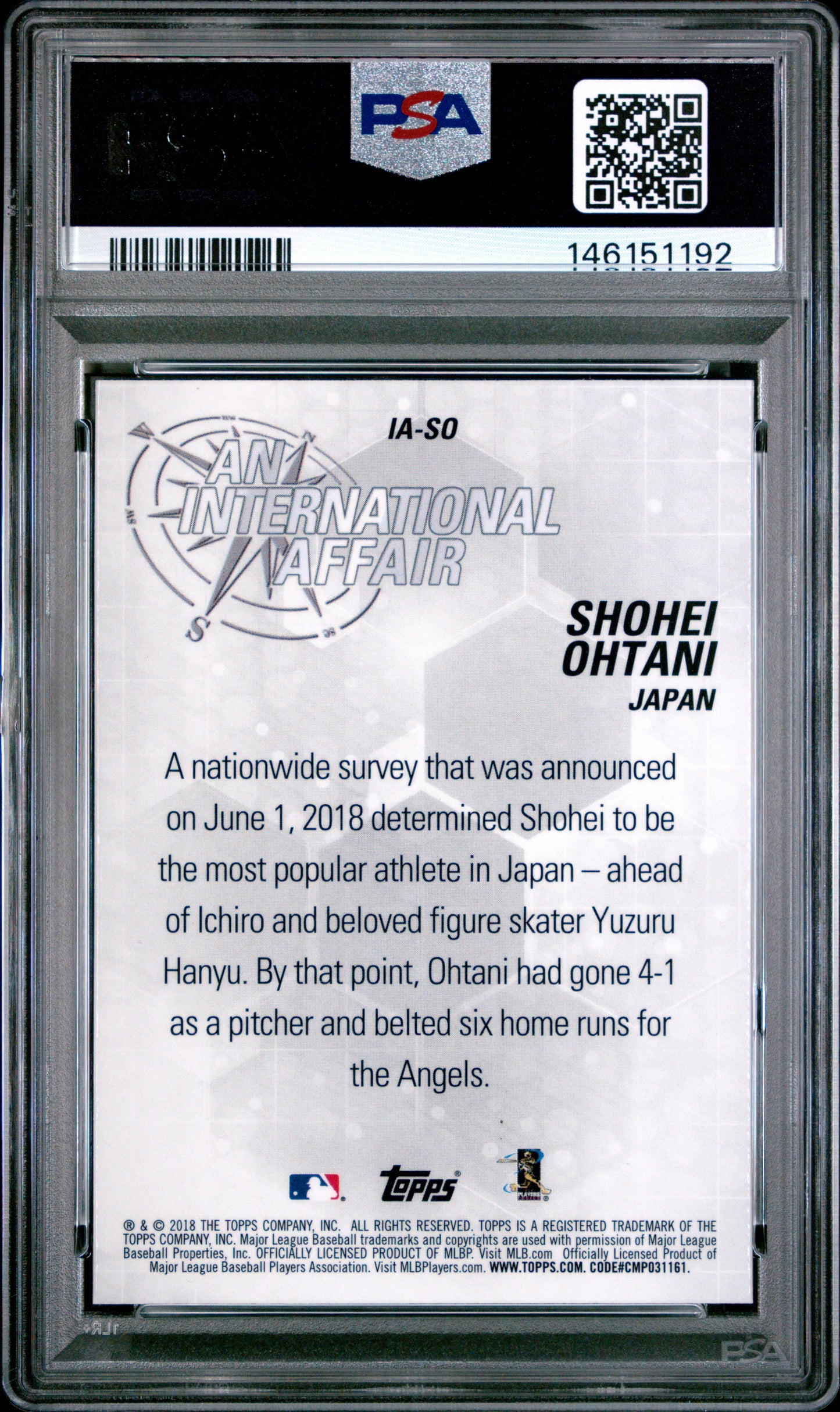 2018 Topps Chrome Update An International Affair #IA-SO Shohei Ohtani PSA 10