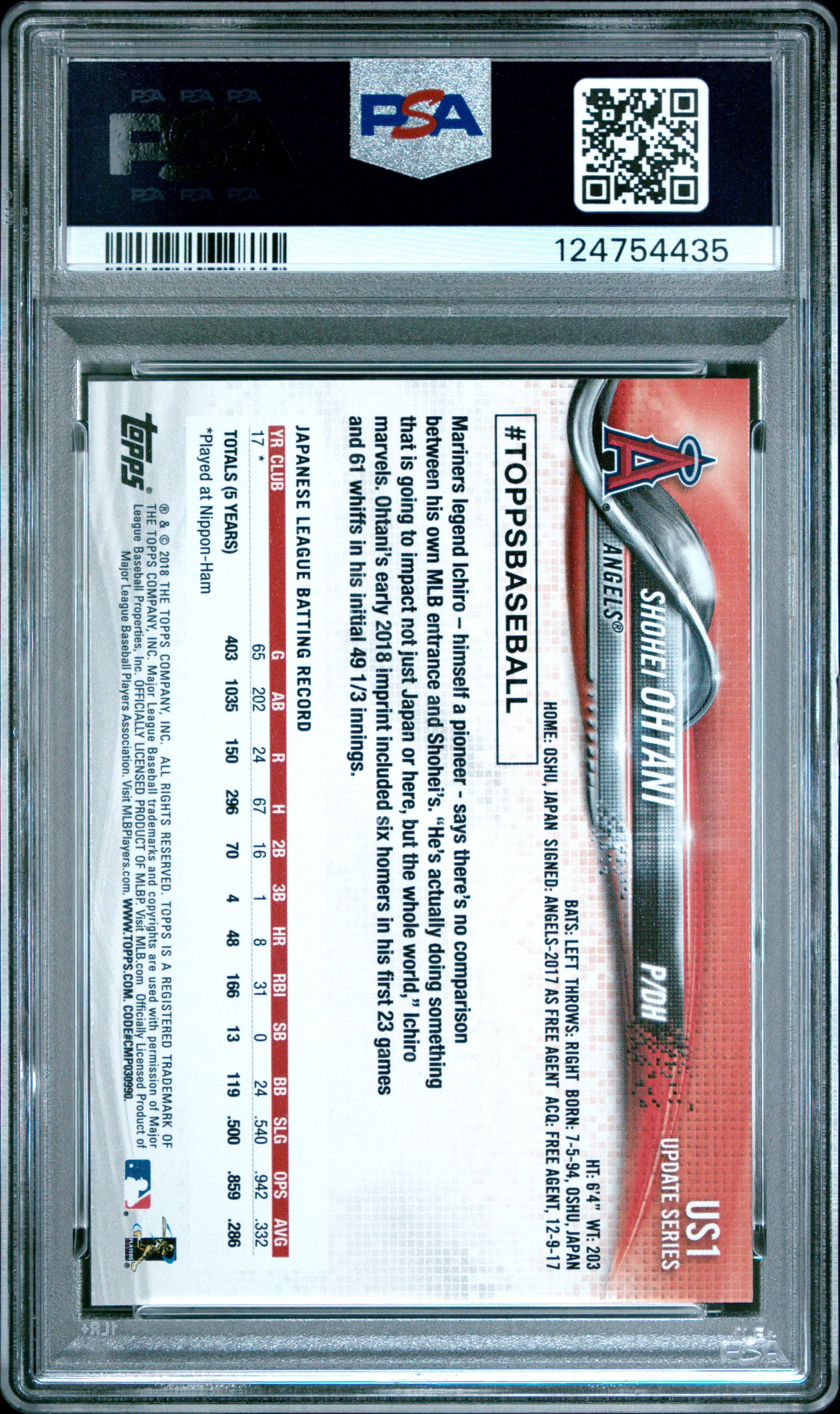 2018 Topps Update Pitching In Red Jersey Shohei Ohtani #US1 PSA 10