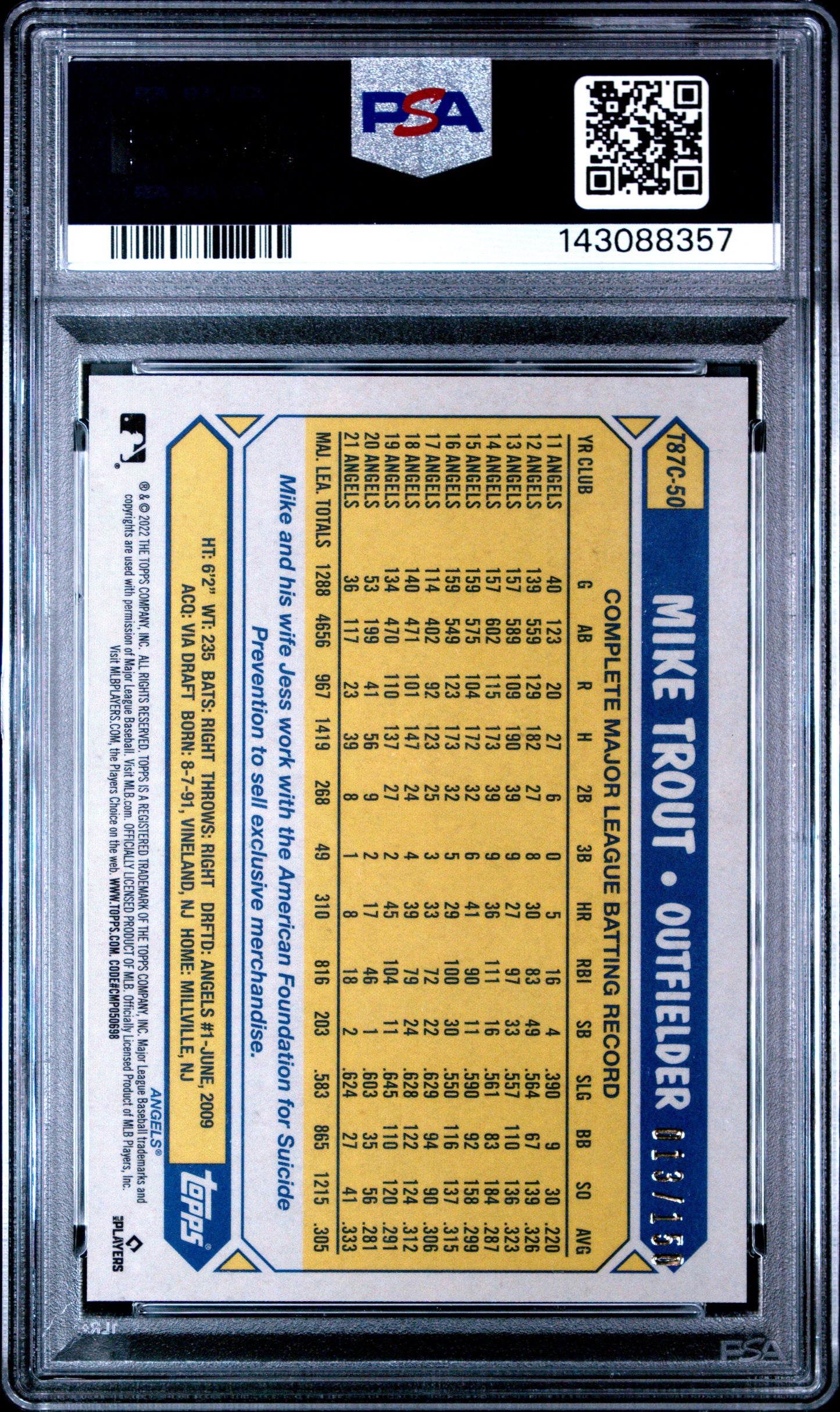 2022 Topps Silver Pack Blue Refractor /150 #T87C50 Mike Trout PSA 9