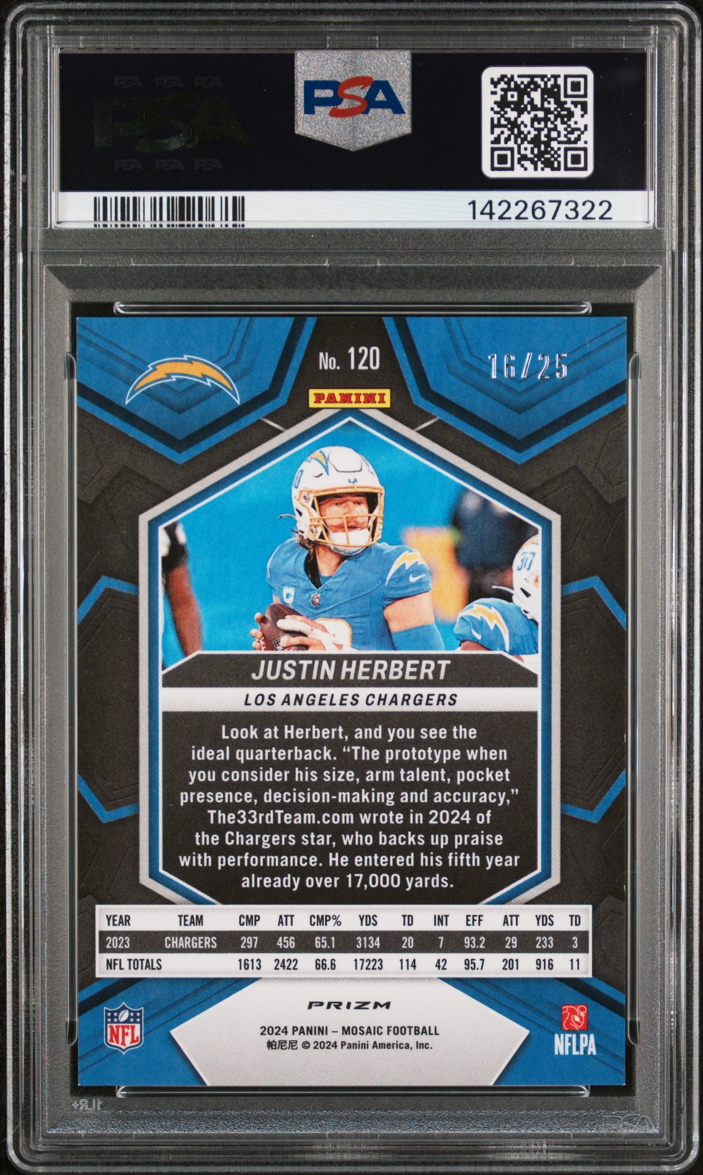 2024 Panini Mosaic White /25 #120 Justin Herbert PSA 9