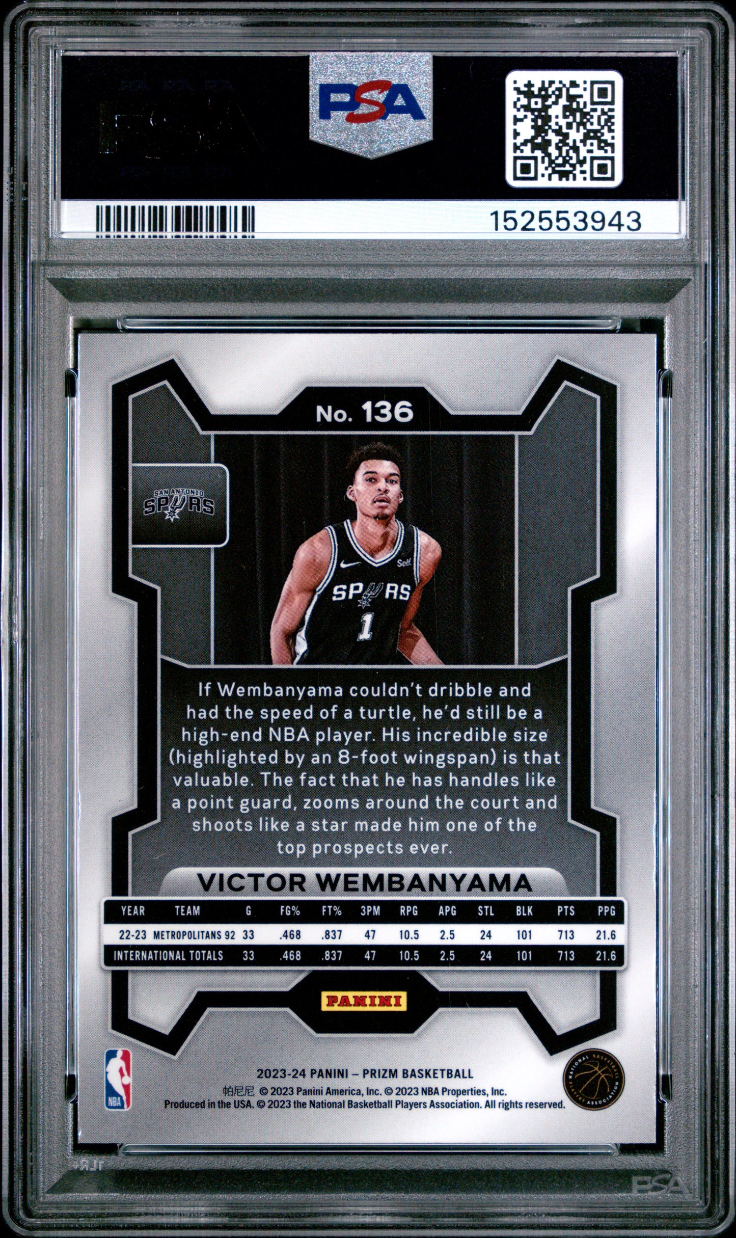 2023-24 Panini Prizm #136 Victor Wembanyama PSA 9