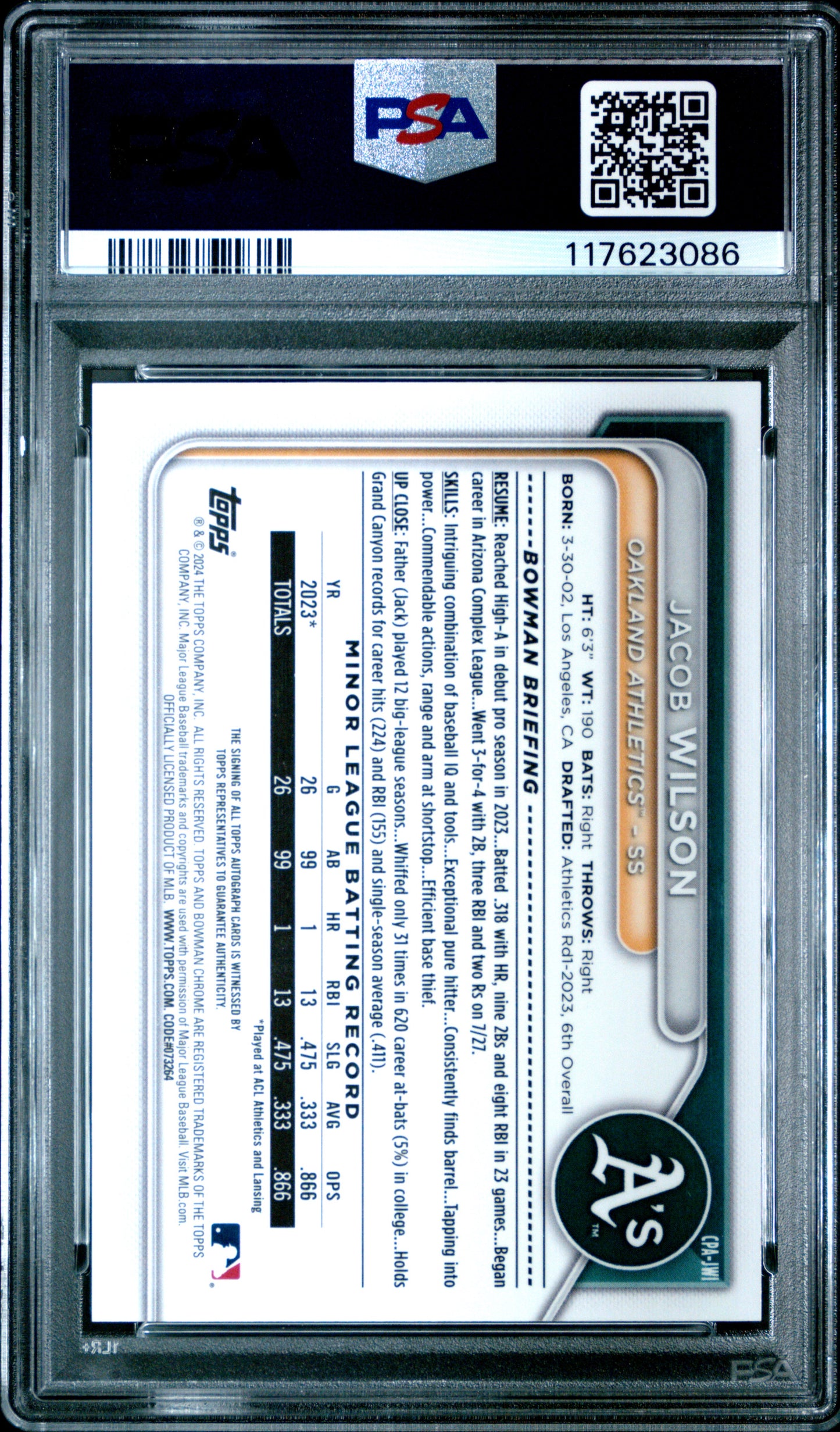 Back side of 2024 Bowman Chrome Prospect Autograph Mini Diamond Refractor #CPA-JWI Jacob Wilson PSA 9