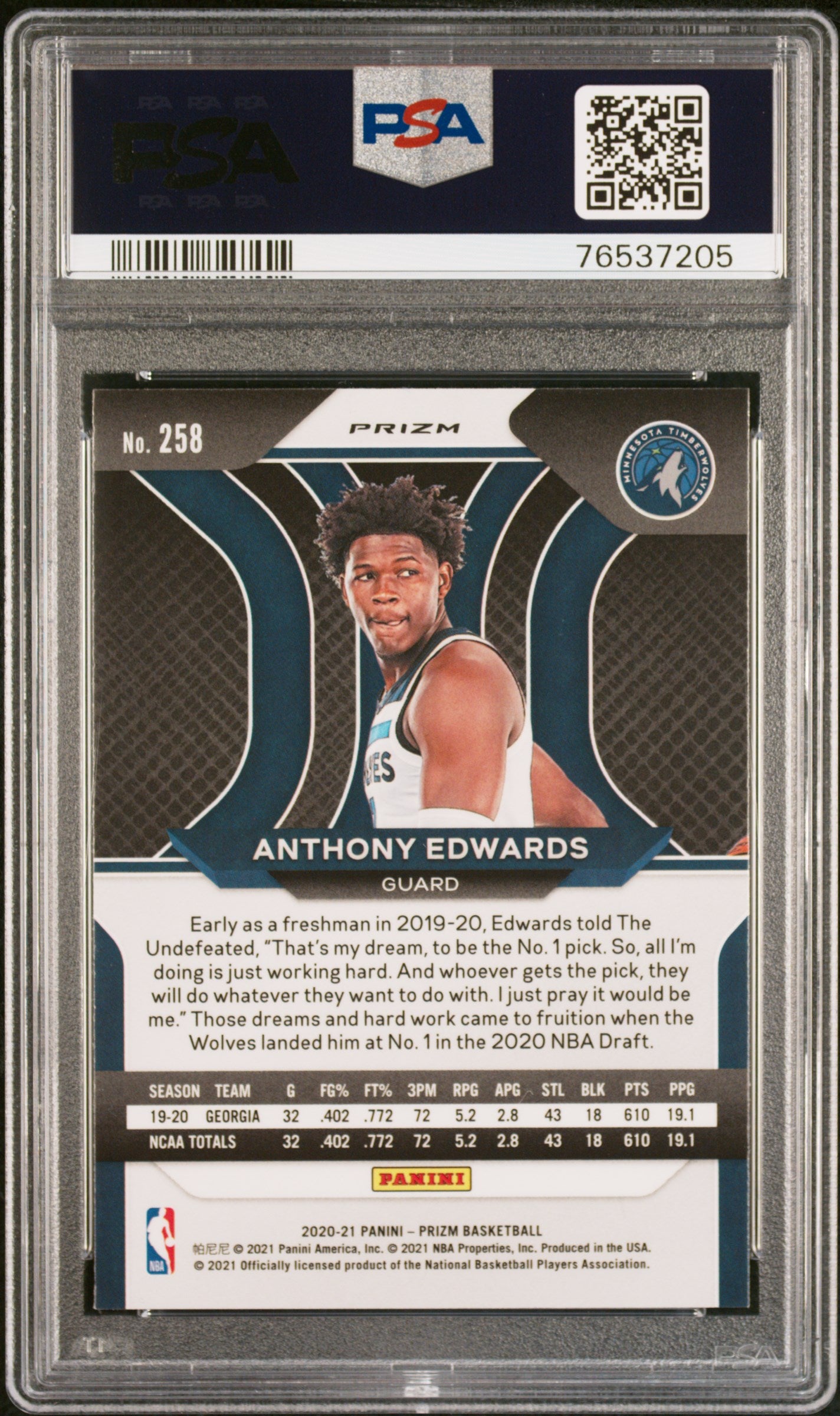 2020 Panini Prizm Silver Anthony Edwards #258 PSA 9 (76537205)