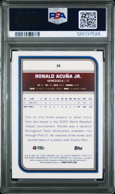2023 Topps WBC Cracked Ice Foil /99 #39 Ronald Acuna Jr. PSA 8