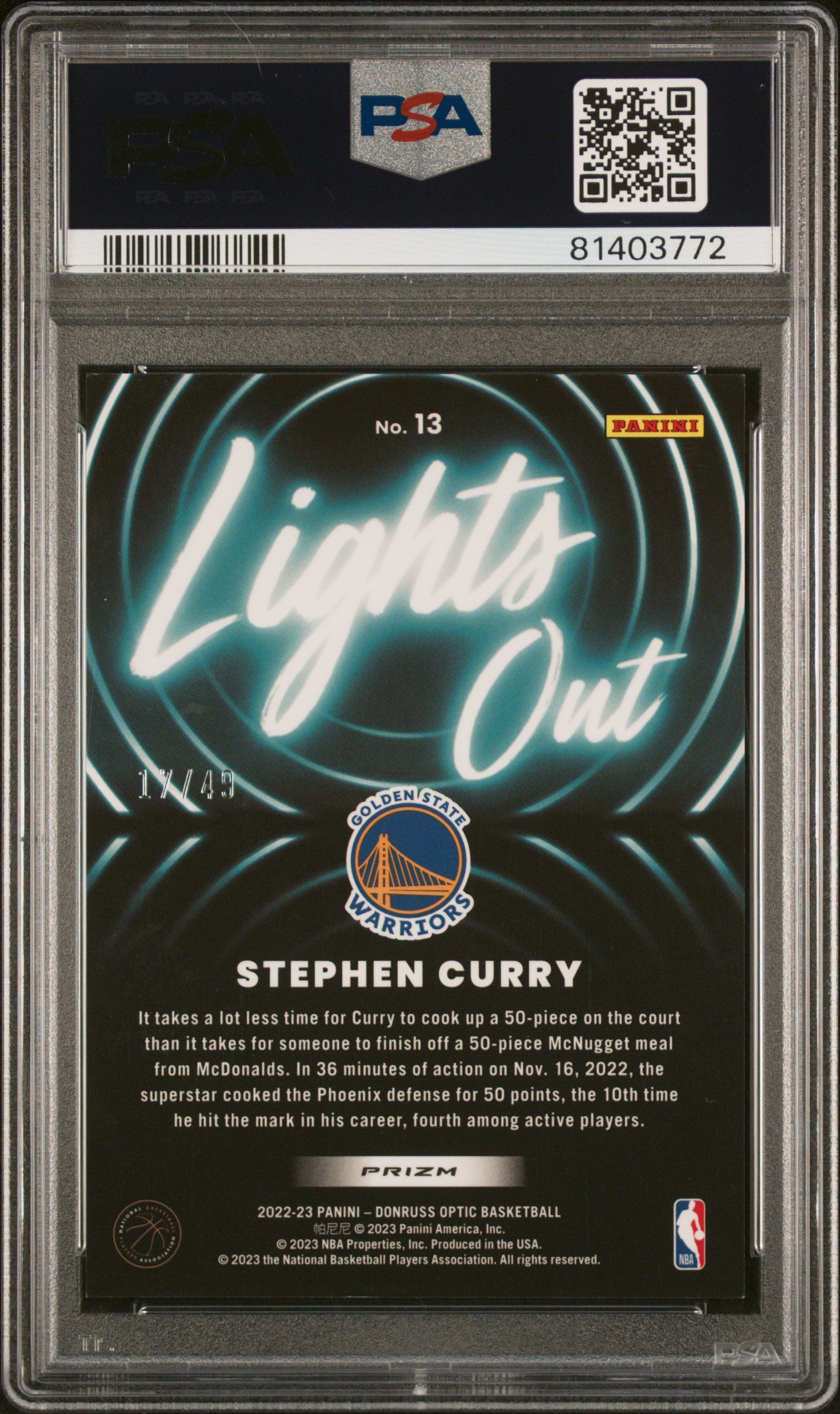 2022 Panini Donruss Optic Lights Out Blue /49: #13 Stephen Curry (PSA 10)