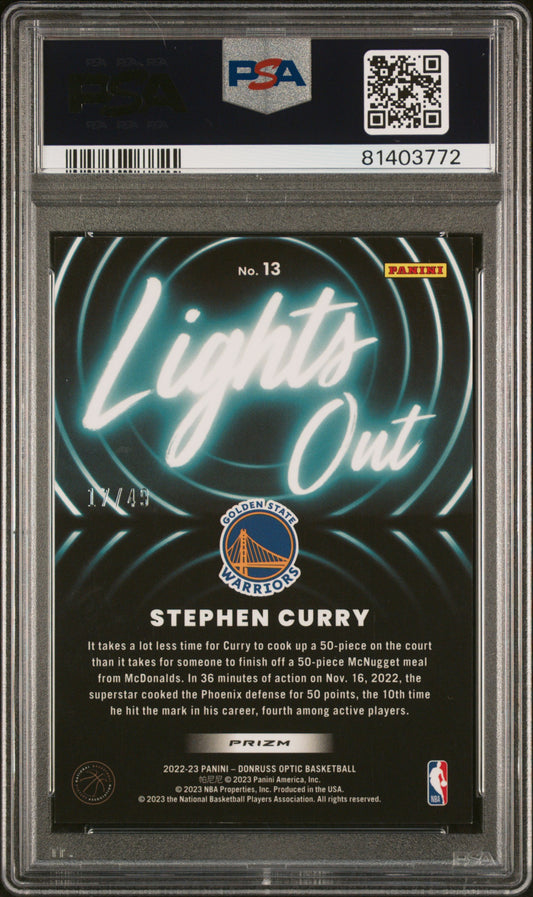2022 Panini Donruss Optic Lights Out Blue /49: #13 Stephen Curry (PSA 10)