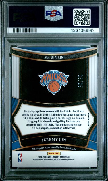 2024 Panini Select Signature Tie-Dye Prizm /25 #SIG-LIN Jeremy Lin PSA 10 - Back