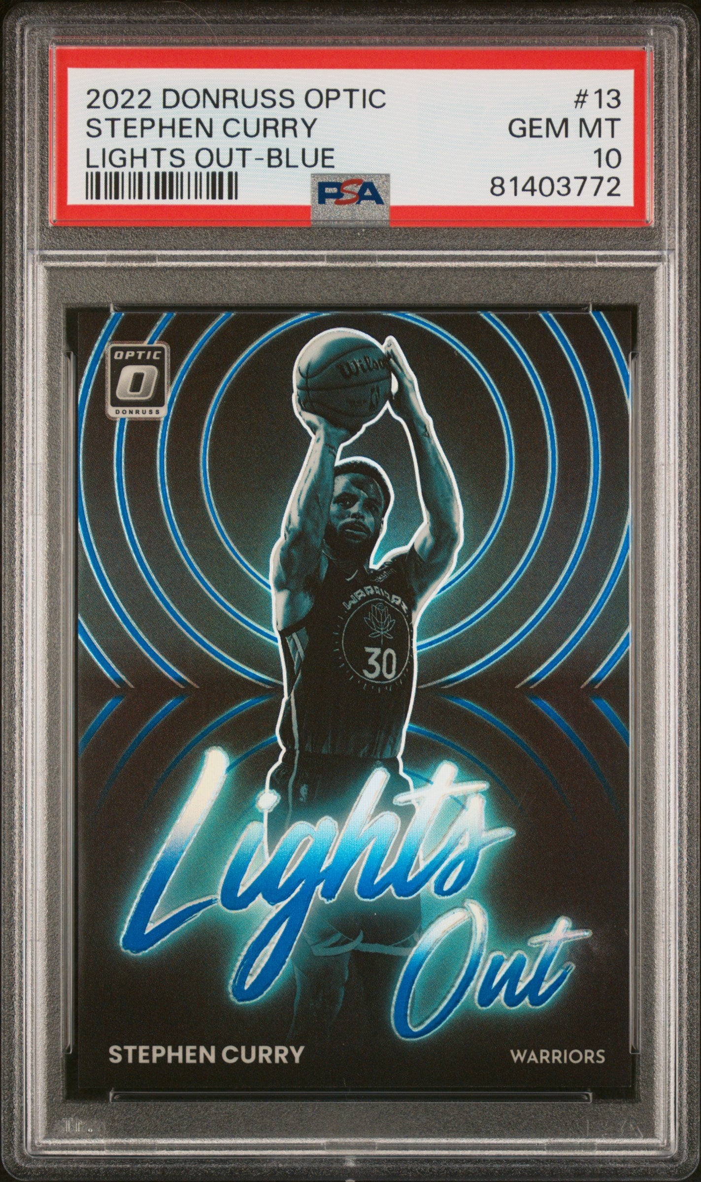 2022 Panini Donruss Optic Lights Out Blue /49: #13 Stephen Curry (PSA 10)