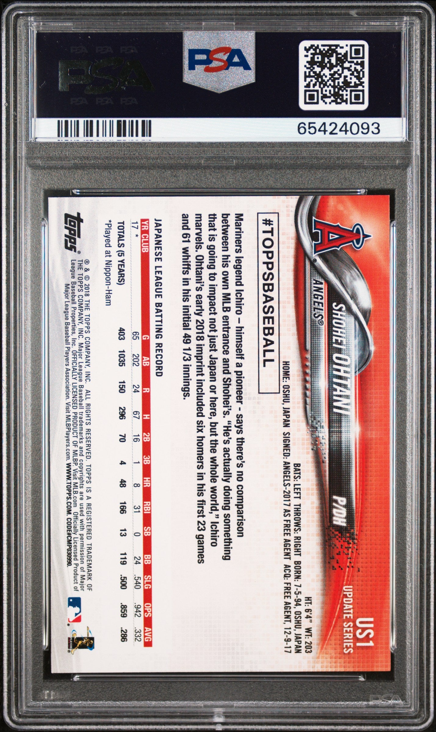 2018 Topps Update Pitching in Red Jersey: #US1 Shohei Ohtani (PSA 9)