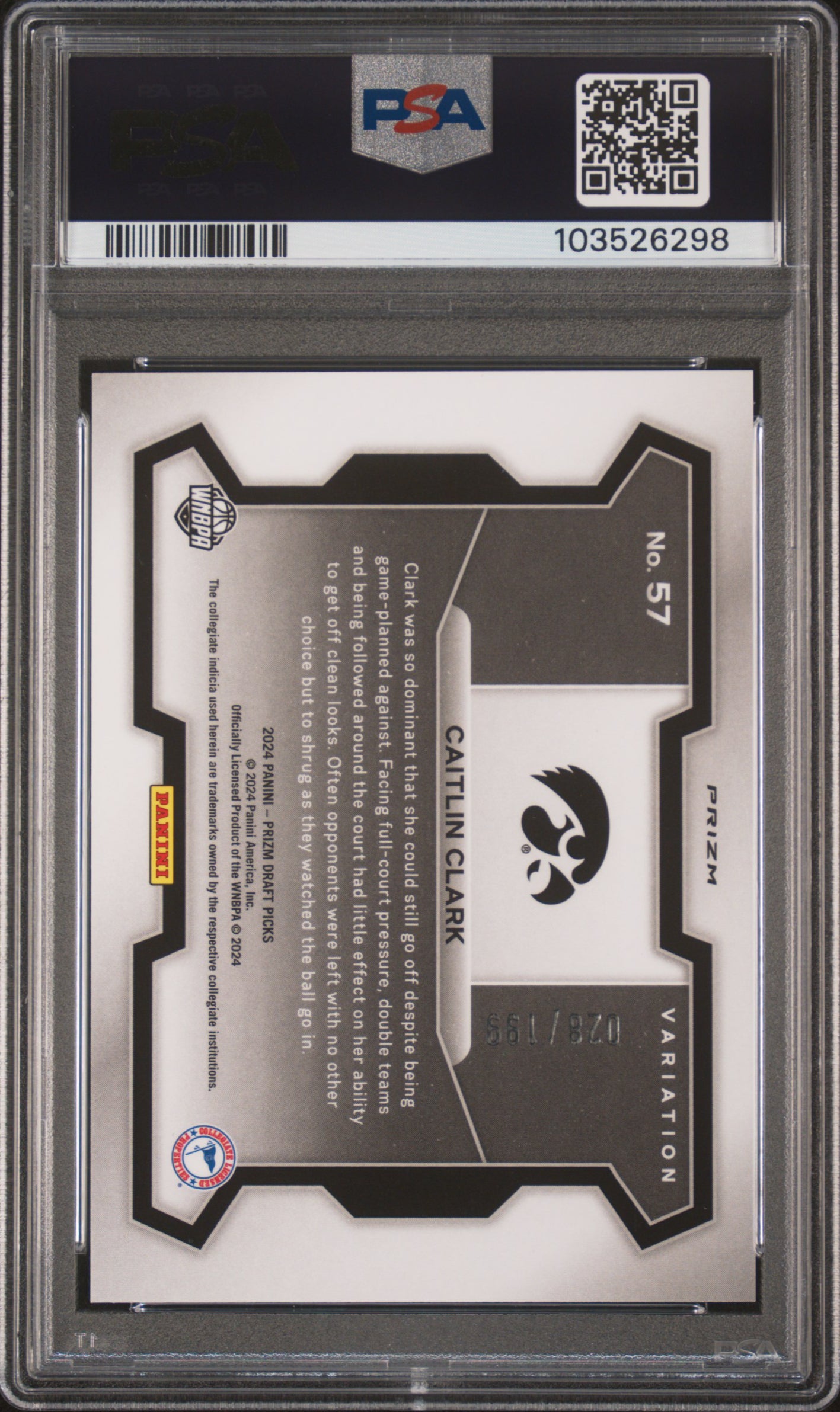 2024 Panini Prizm Draft Picks Variation Blue Prizm /199 Caitlin Clark PSA 10