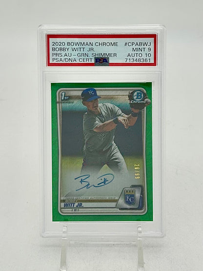 2020 Bowman Chrome Prospect Autograph Green Shimmer /99 Bobby Witt Jr. #CPABWJ PSA 9 / Auto 10