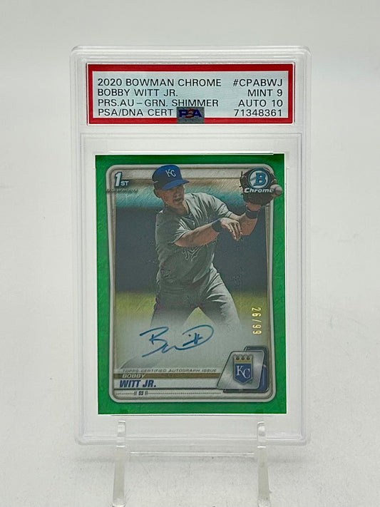2020 Bowman Chrome Prospect Autograph Green Shimmer /99 Bobby Witt Jr. #CPABWJ PSA 9 / Auto 10