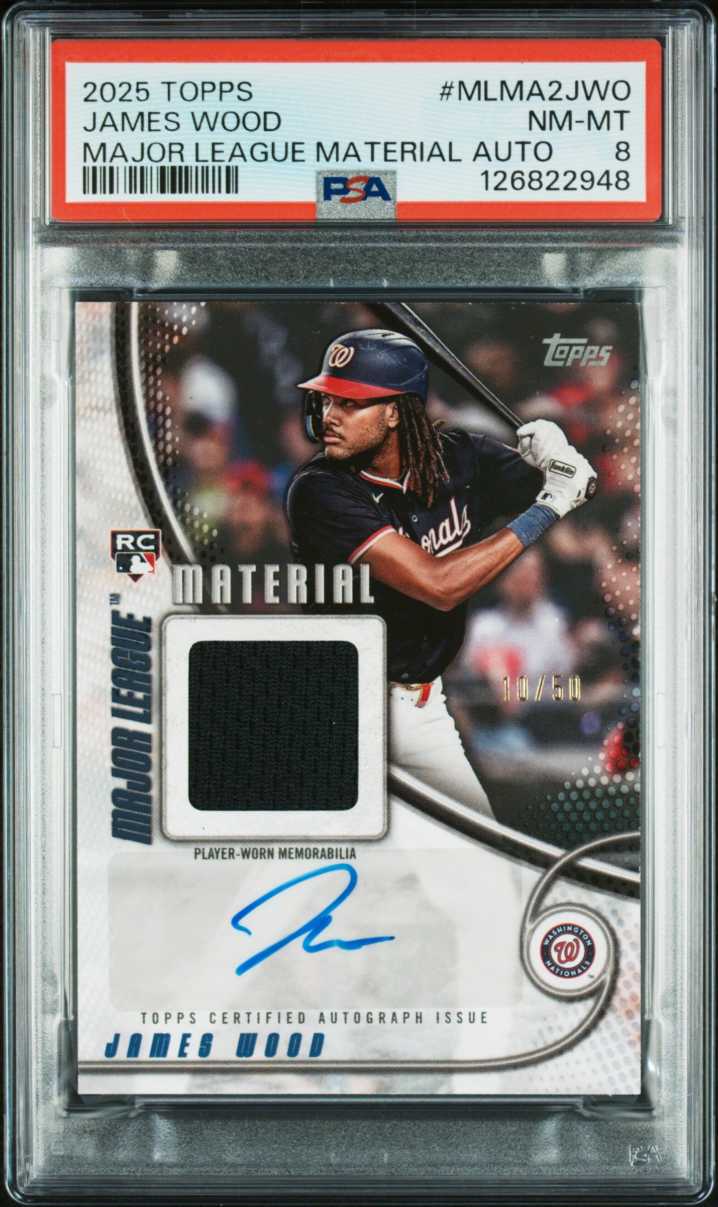 2025 Topps Major League Material Auto /50 James Wood PSA 8 - Front