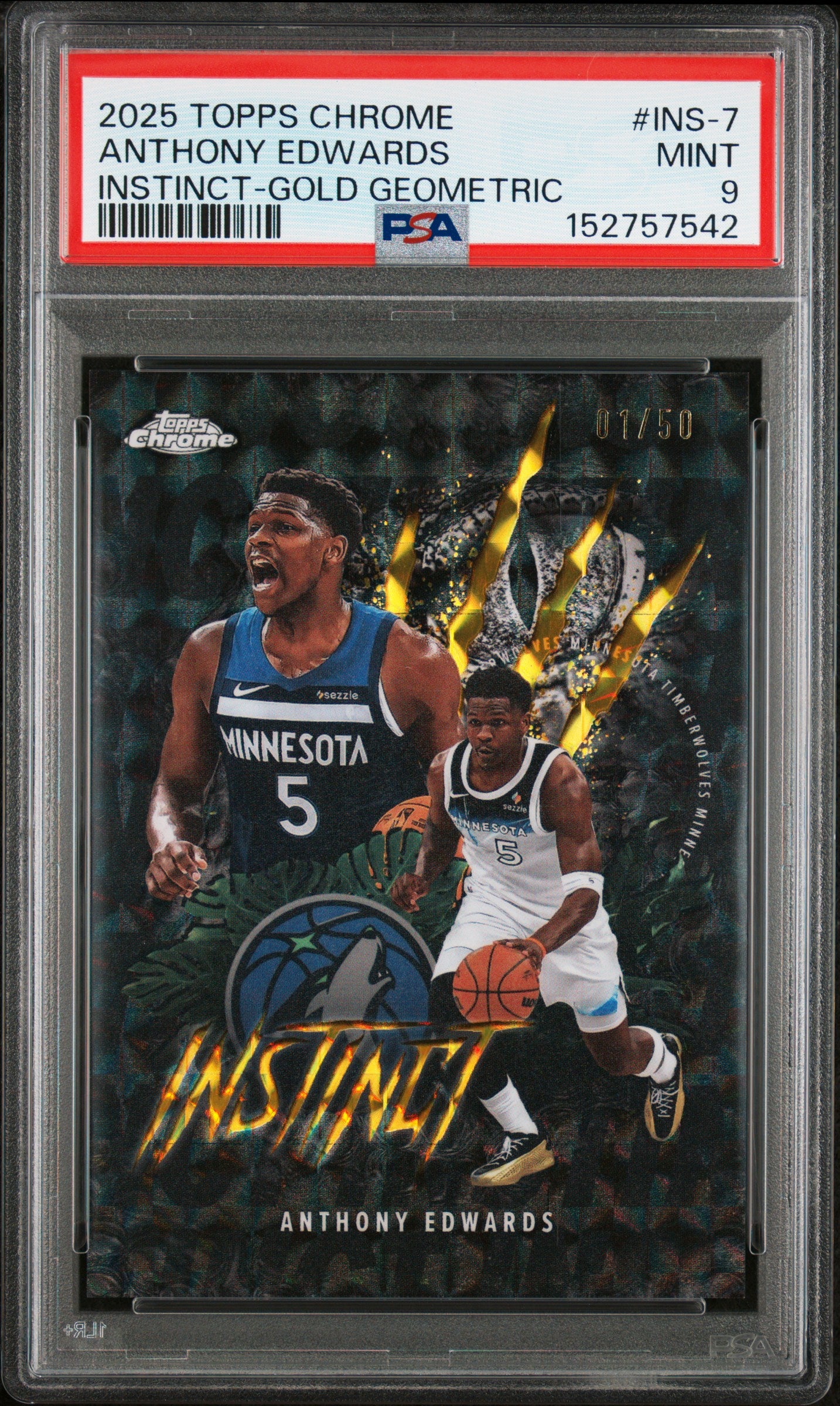 2025 Topps Chrome Instinct Gold Geometric /50 Anthony Edwards PSA 9 - Front