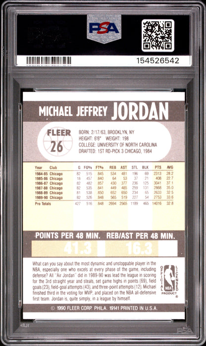 1990 Fleer #26 Michael Jordan PSA 8 Bulls Card - Back