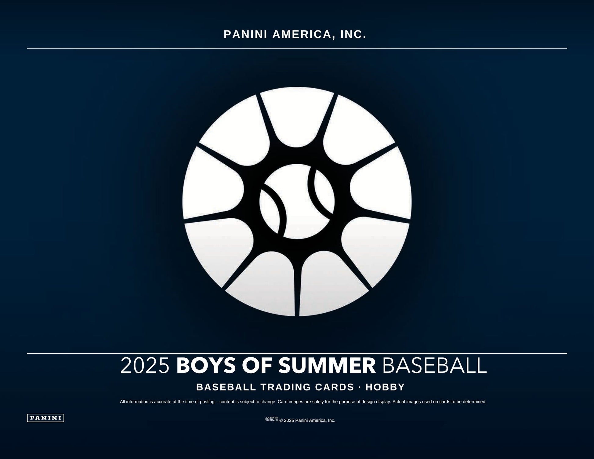 2025 Boys of Summer Baseball trading cards packaging with Panini America, Inc. branding on a dark blue background.